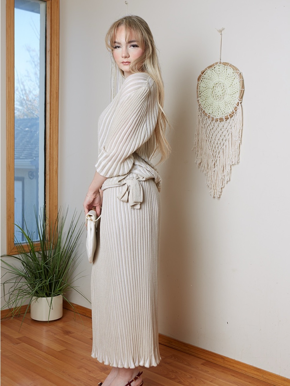 Vintage 90s Medici  Elegant Cream Ribbed Knit Skirt Set M